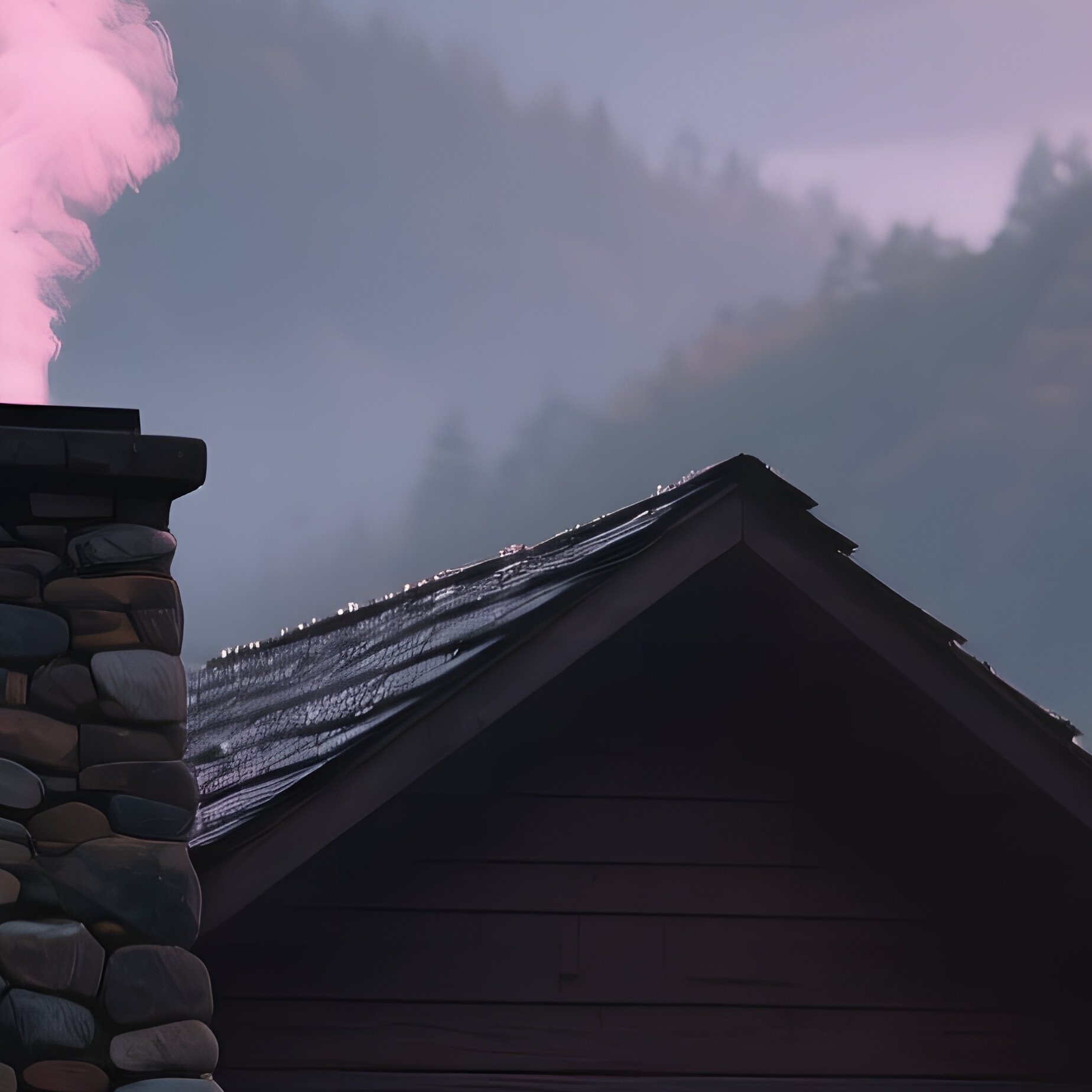 A Quiet Appalachian Mountain Cabin At Dawn, Smoke Curling From The Stone Chimney, Pine Trees - Full Resolution Quality Preview