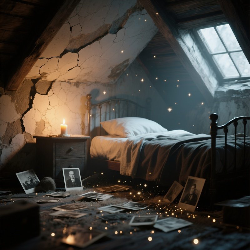 A Quiet Attic Bedroom Lit By A Single Candle, Shadows Dancing On Cracked Plaster Walls, Old