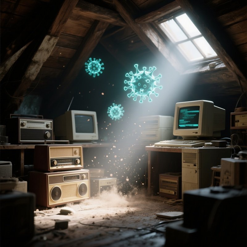 A Quiet Attic Filled With Vintage Radios And Old Computers, Dust Motes Illuminated By A Single