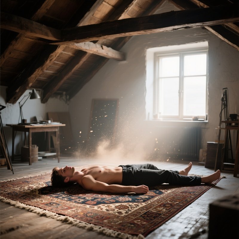 A Quiet Attic Studio With Exposed Beams, A Male Model Lying On An Old Persian Rug, Soft Window