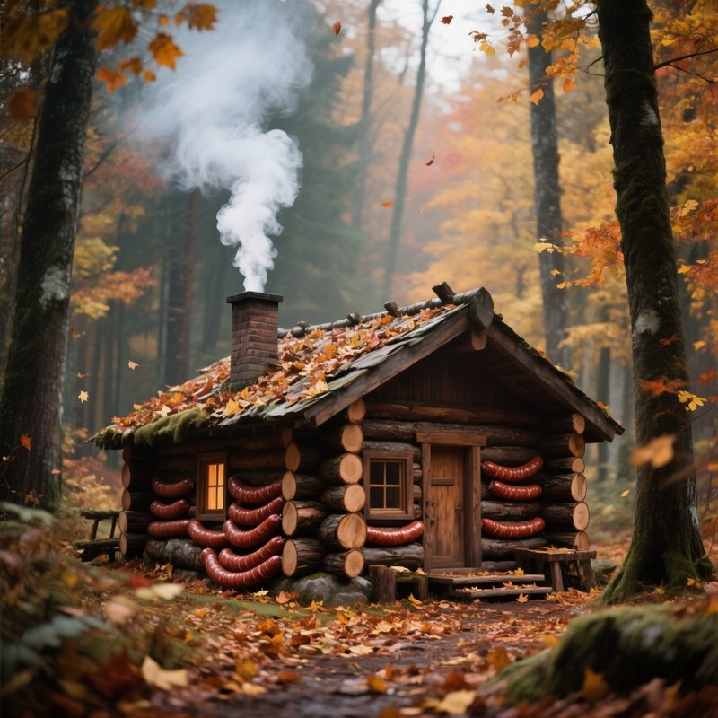 A Quiet Autumn Forest With Falling Leaves, Where A Rustic Cabin Is Built From Stacked Sausage Logs,