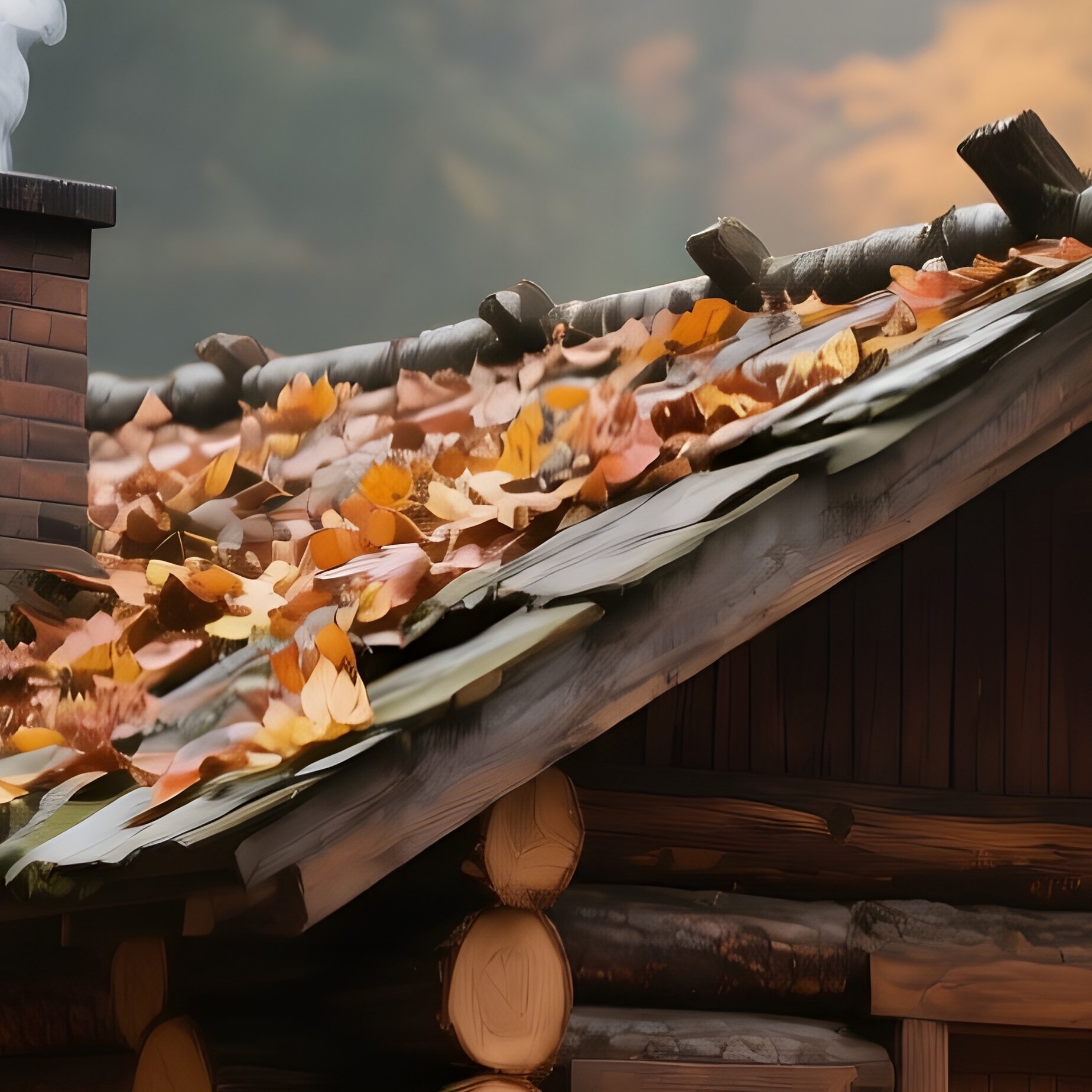 A Quiet Autumn Forest With Falling Leaves, Where A Rustic Cabin Is Built From Stacked Sausage Logs, - Full Resolution Quality Preview