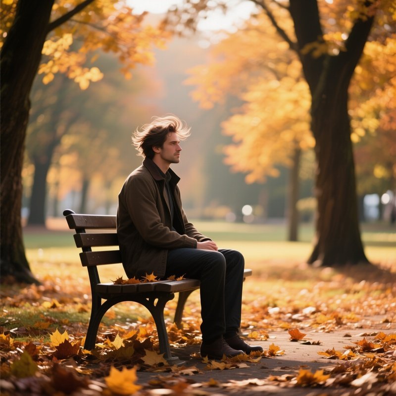 A Quiet Autumn Park With Fallen Leaves, A Male Figure Seated On A Bench, Crisp Amber Light