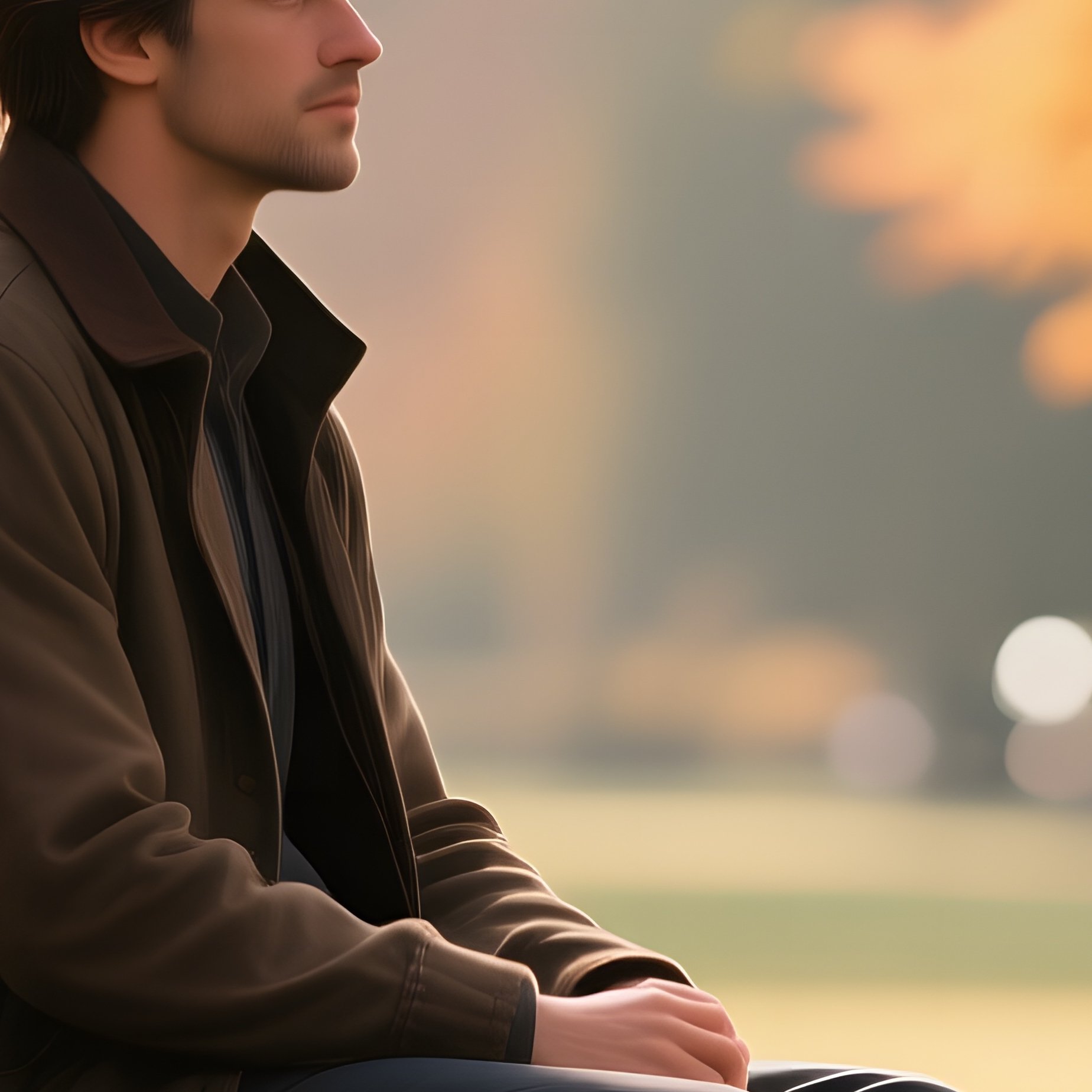 A Quiet Autumn Park With Fallen Leaves, A Male Figure Seated On A Bench, Crisp Amber Light - Full Resolution Quality Preview