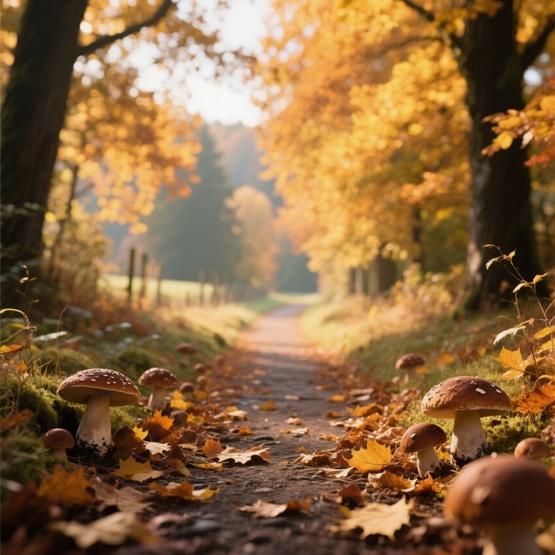 A Quiet Autumn Path In The German Countryside Lined With Fallen Leaves And Scattered Brown Boletus