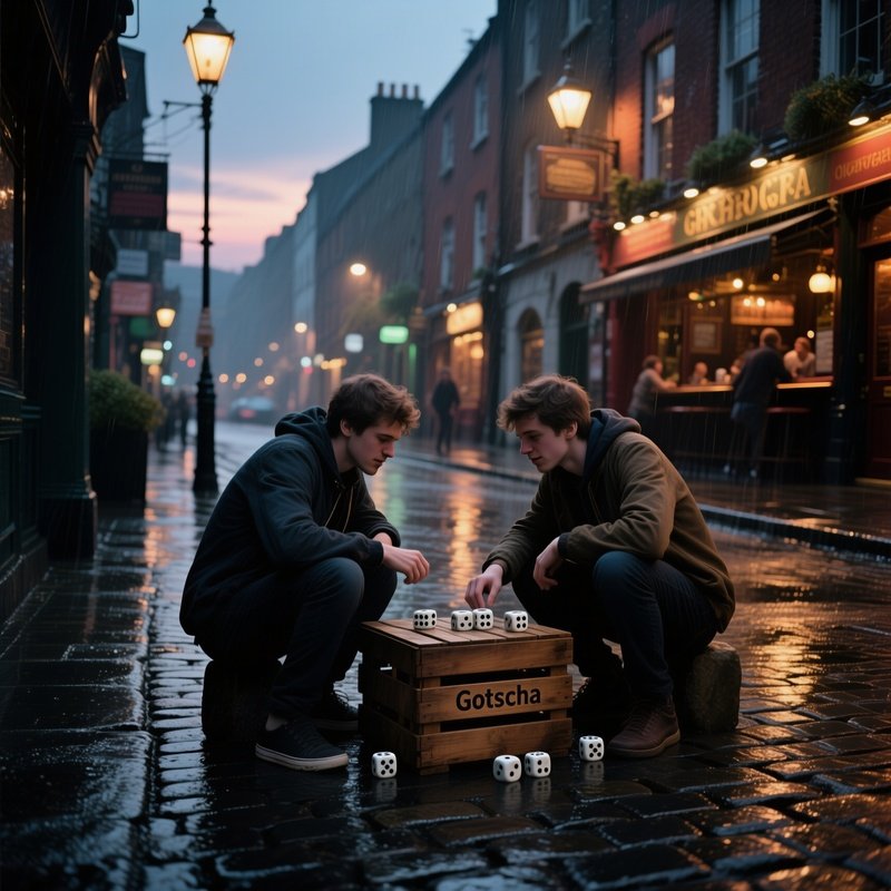 A Quiet Backstreet In Dublin At Twilight, Rain Soaked Cobbles Reflecting Street Lamps As Two
