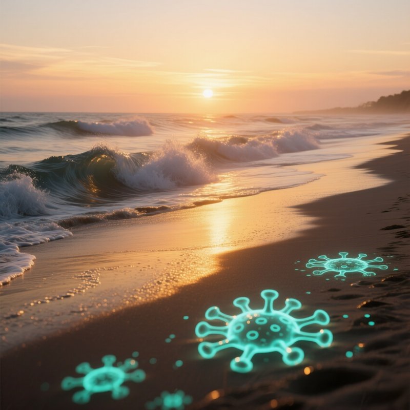 A Quiet Beach At Sunset, Waves Crashing While Holographic Virus Patterns Ripple Across The Sand,