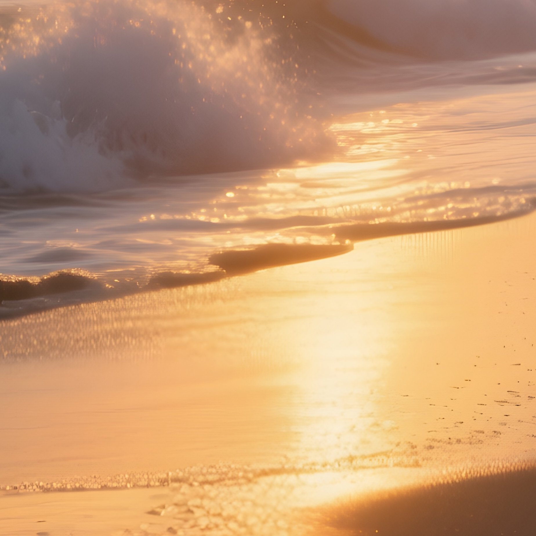 A Quiet Beach At Sunset, Waves Crashing While Holographic Virus Patterns Ripple Across The Sand, - Full Resolution Quality Preview