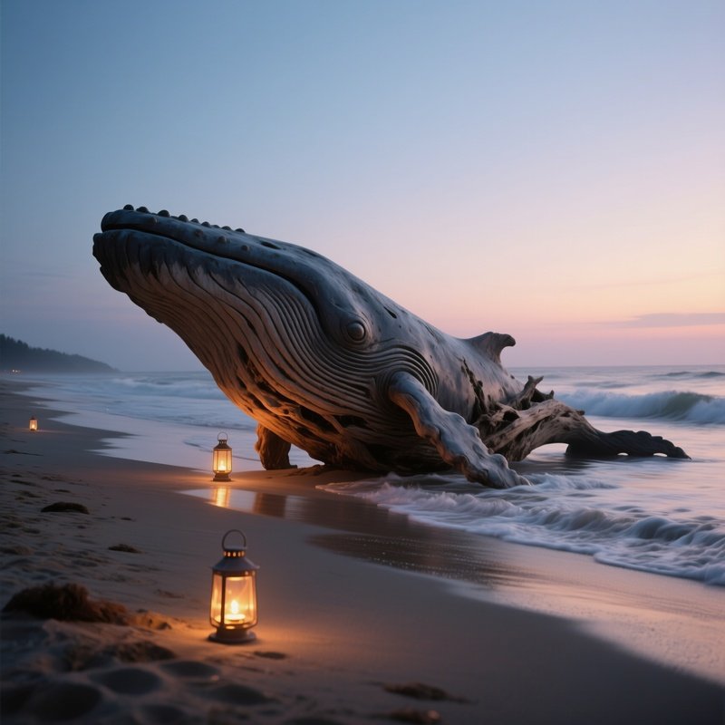 A Quiet Beach At Twilight Where A Large Driftwood Sculpture Of A Whale Rests On The Sand, Waves