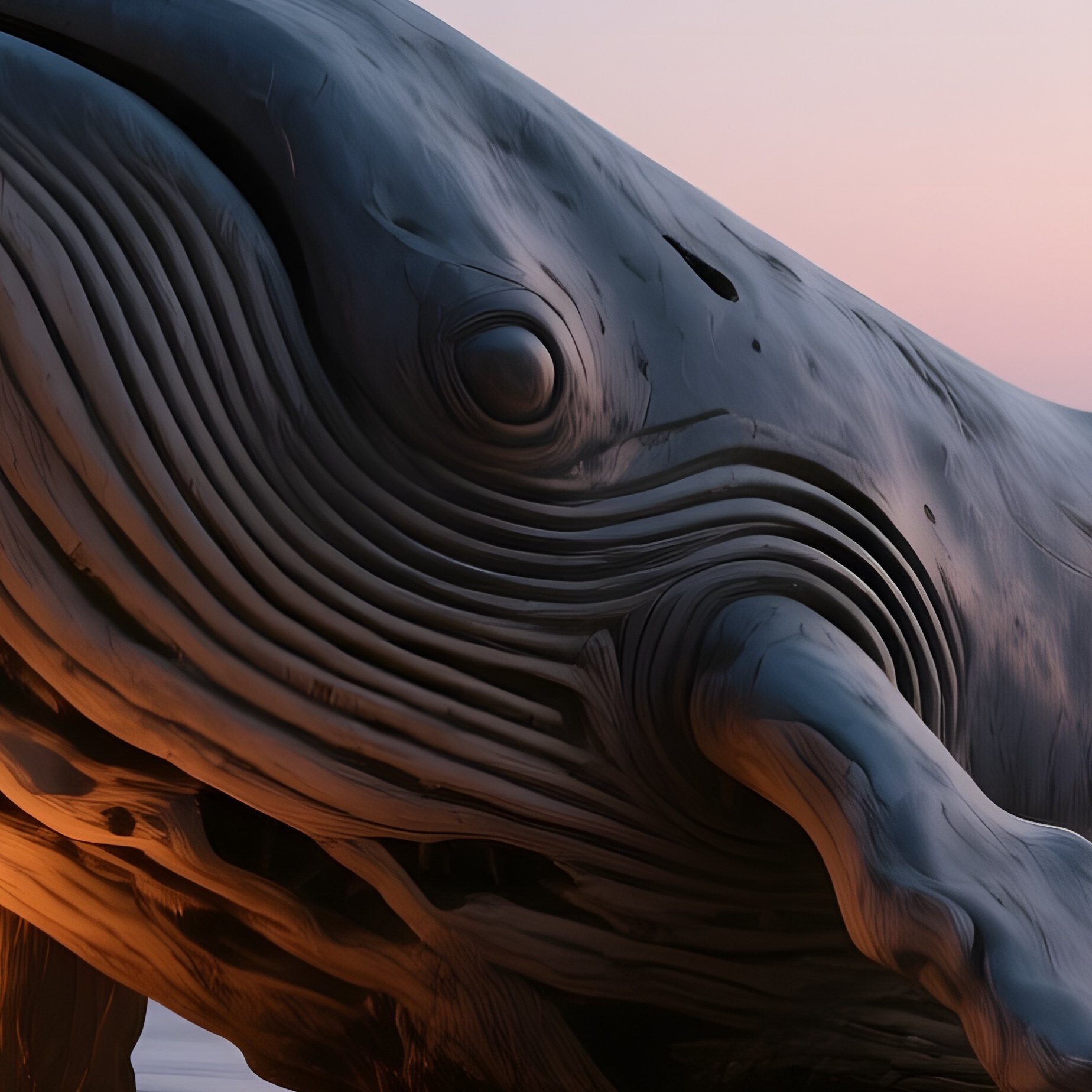 A Quiet Beach At Twilight Where A Large Driftwood Sculpture Of A Whale Rests On The Sand, Waves - Full Resolution Quality Preview