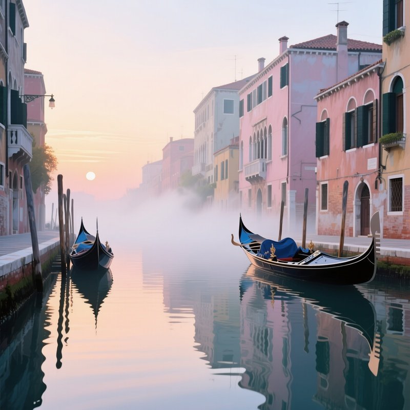 A Quiet Canal In Venice At Dawn, Gondolas Moored, Pastel Buildings Reflected In Calm Water,