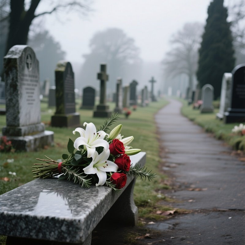 A Quiet Cemetery Path Lined With Stone Markers, Where A Lone Mournful Bouquet Of White Lilies, Red
