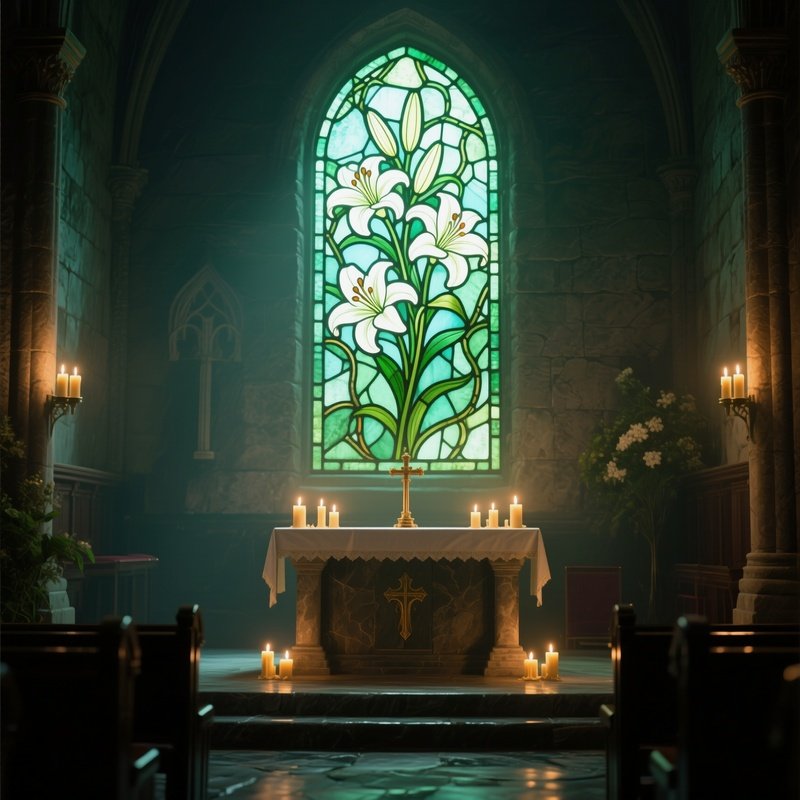 A Quiet Chapel Altar Bathed In Candlelight, A Stained‑Glass Panel Of Lilies And Vines Casting