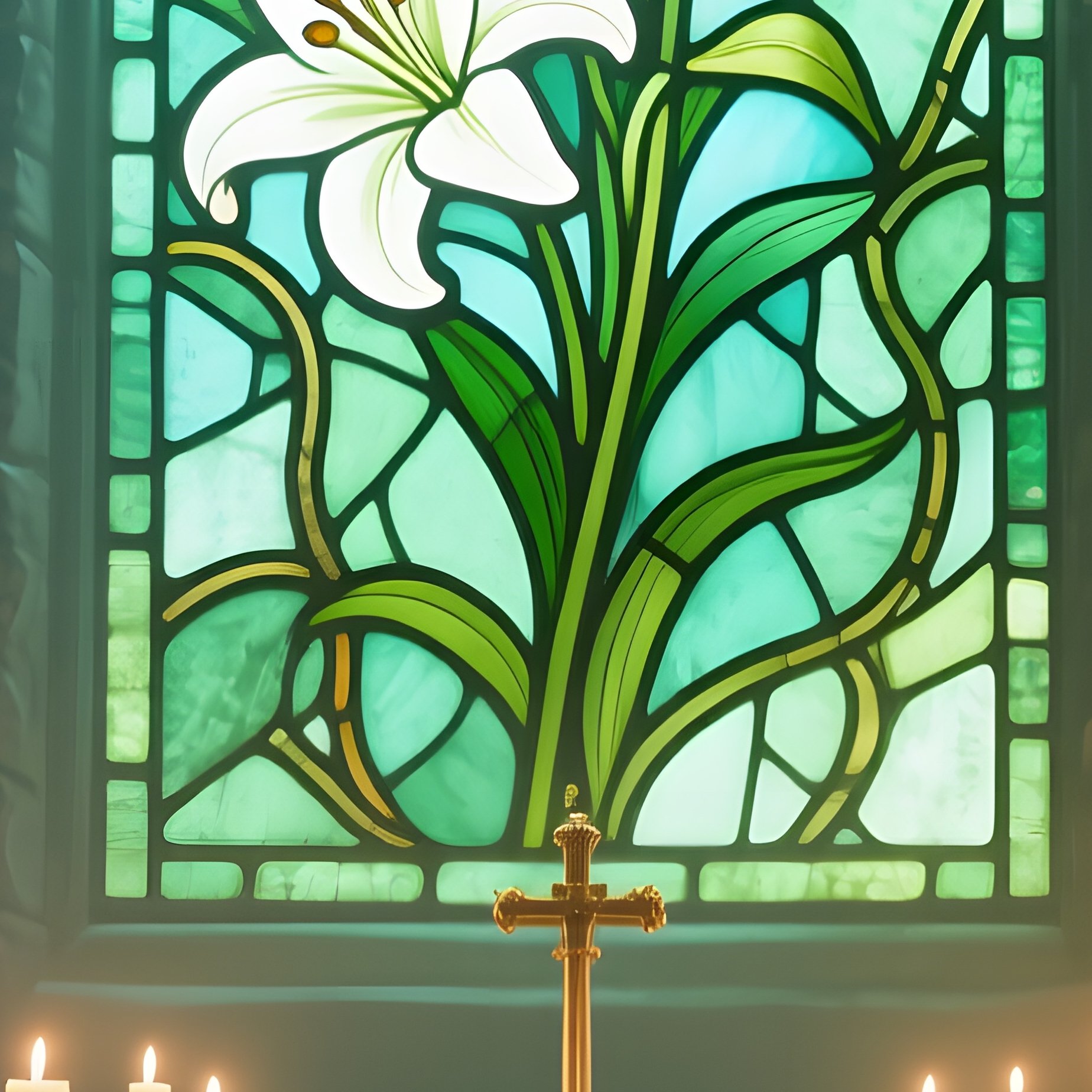 A Quiet Chapel Altar Bathed In Candlelight, A Stained‑Glass Panel Of Lilies And Vines Casting - Full Resolution Quality Preview