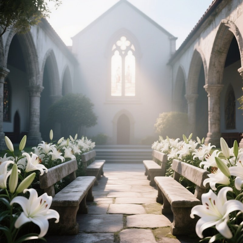 A Quiet Chapel Courtyard Where White Lilies Encircle Stone Benches, Soft Morning Light Creating