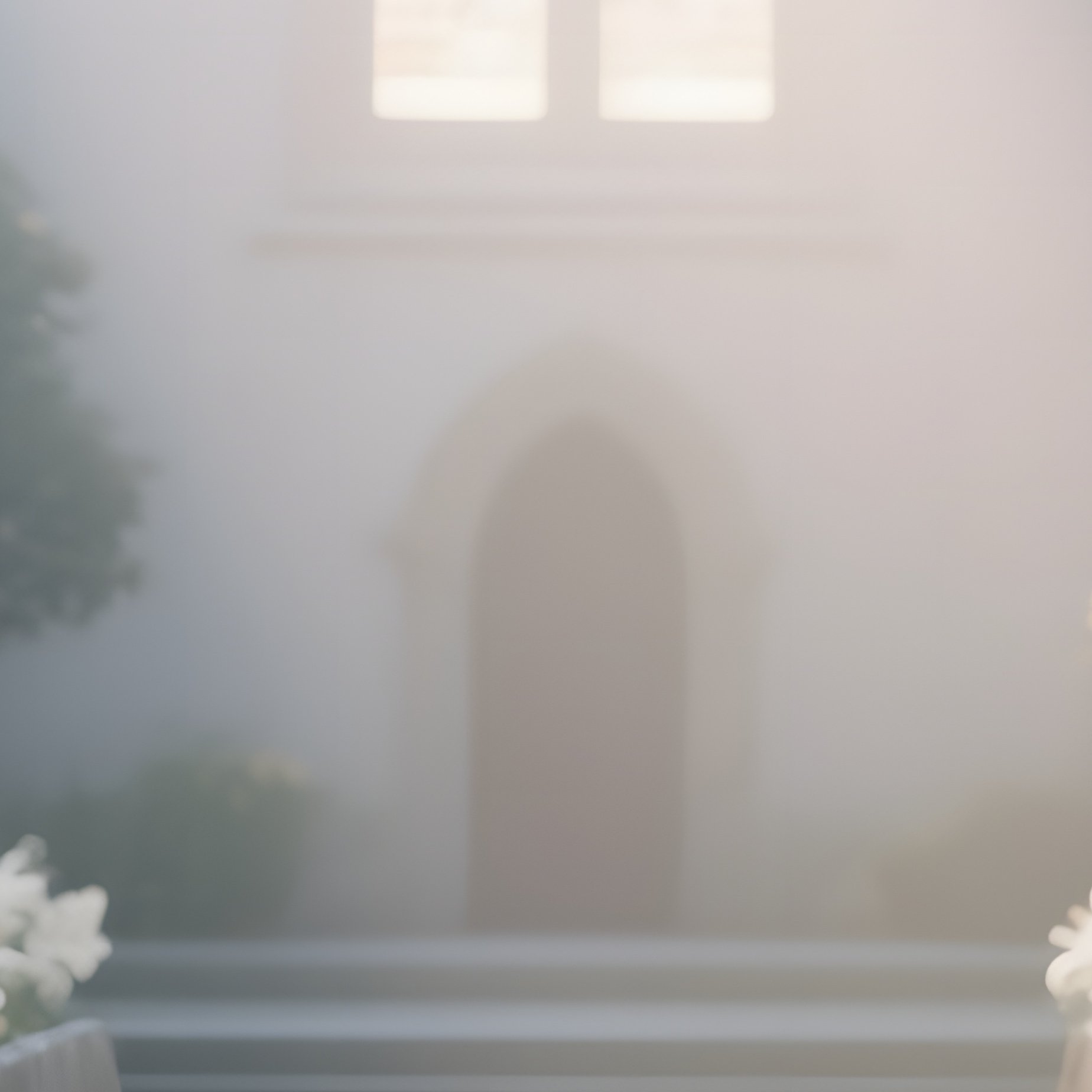 A Quiet Chapel Courtyard Where White Lilies Encircle Stone Benches, Soft Morning Light Creating - Full Resolution Quality Preview