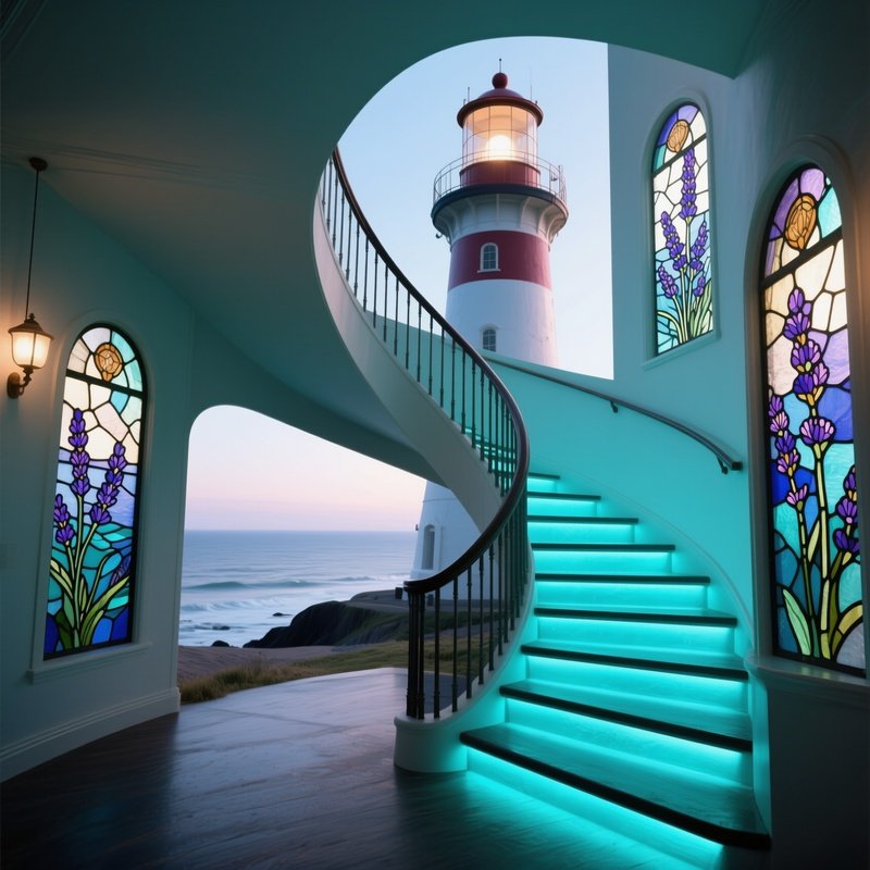 A Quiet Coastal Lighthouse Interior, Spiral Stairs Winding Past Stained‑Glass Panels Of Sea
