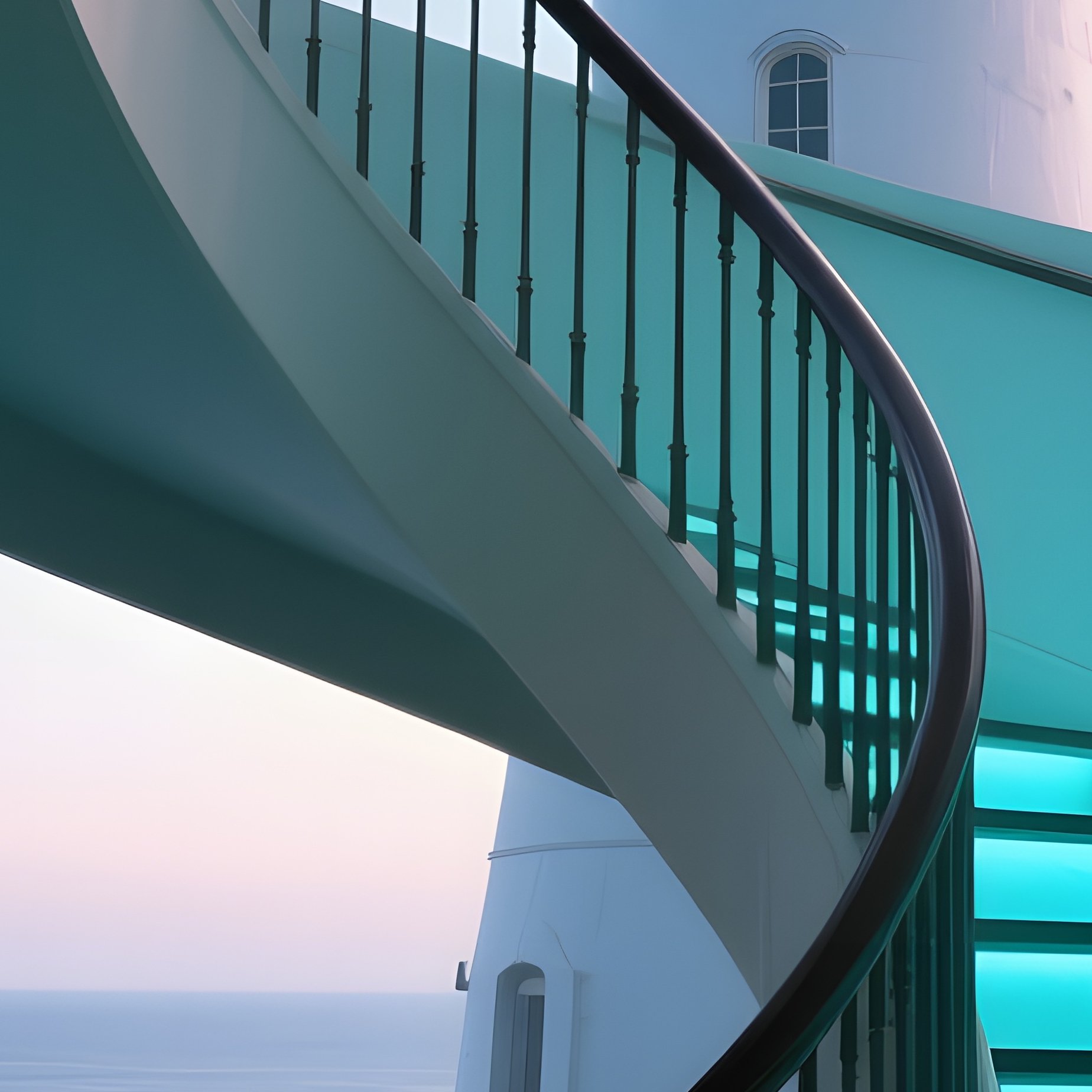 A Quiet Coastal Lighthouse Interior, Spiral Stairs Winding Past Stained‑Glass Panels Of Sea - Full Resolution Quality Preview