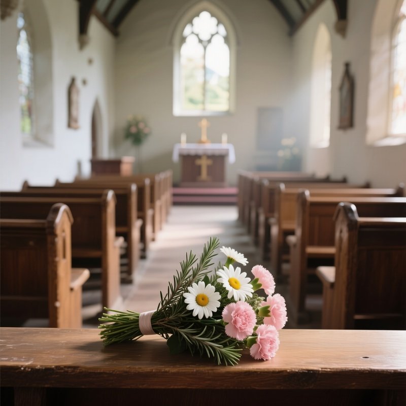 A Quiet Countryside Chapel Aisle Lined With Simple Wooden Pews, Where A Modest Bouquet Of White