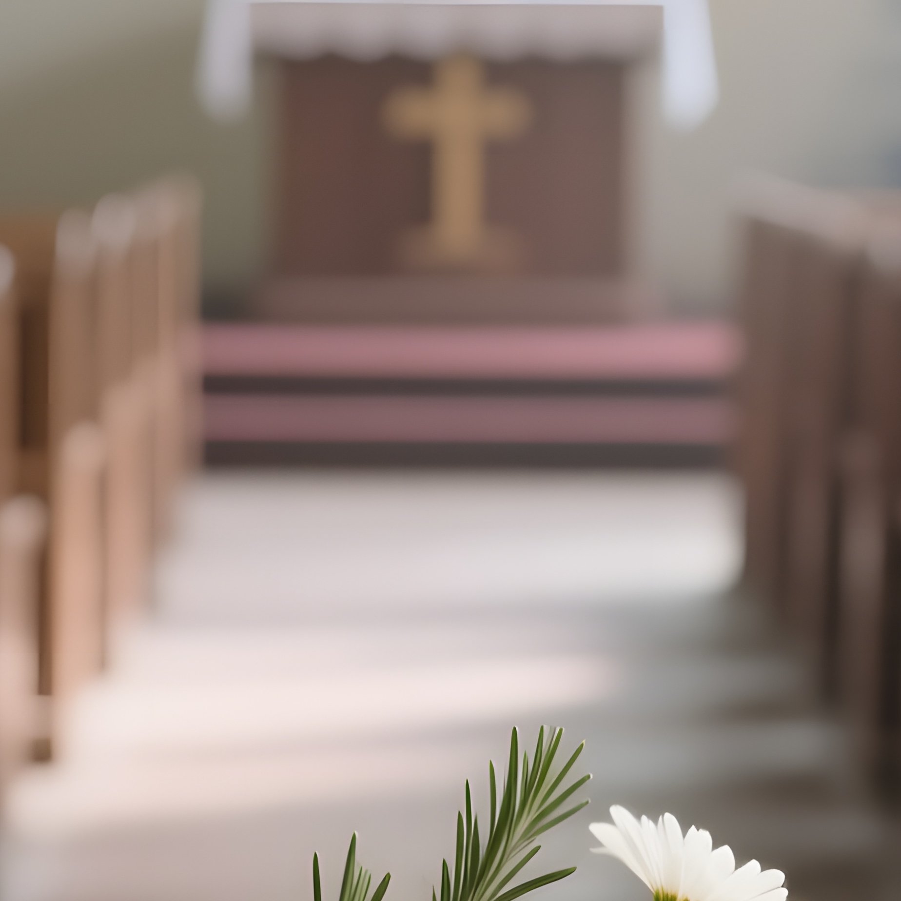 A Quiet Countryside Chapel Aisle Lined With Simple Wooden Pews, Where A Modest Bouquet Of White - Full Resolution Quality Preview