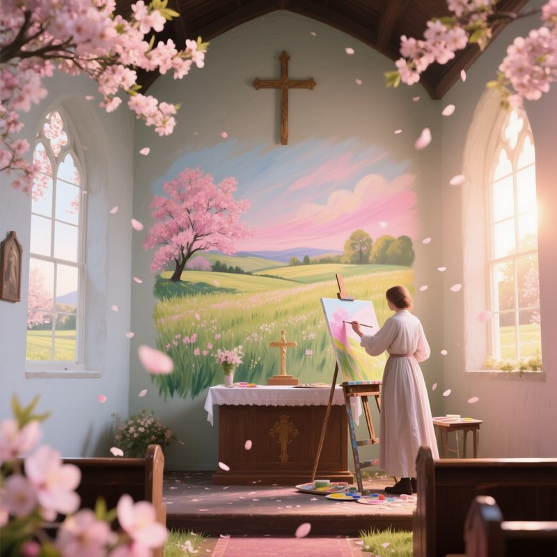 A Quiet Countryside Chapel In Early Spring, Fresh Blossoms Falling As A Painter Applies Pastel