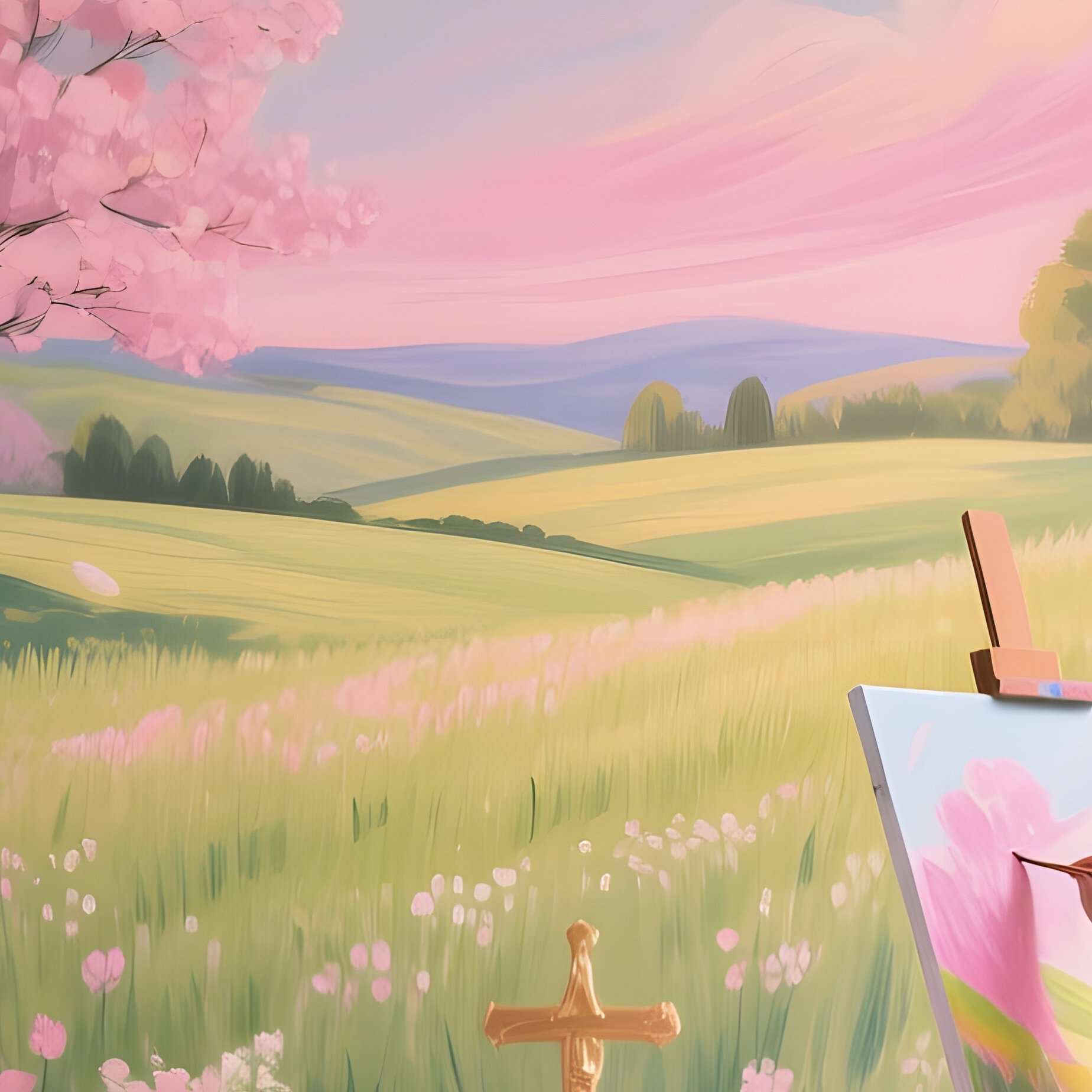 A Quiet Countryside Chapel In Early Spring, Fresh Blossoms Falling As A Painter Applies Pastel - Full Resolution Quality Preview