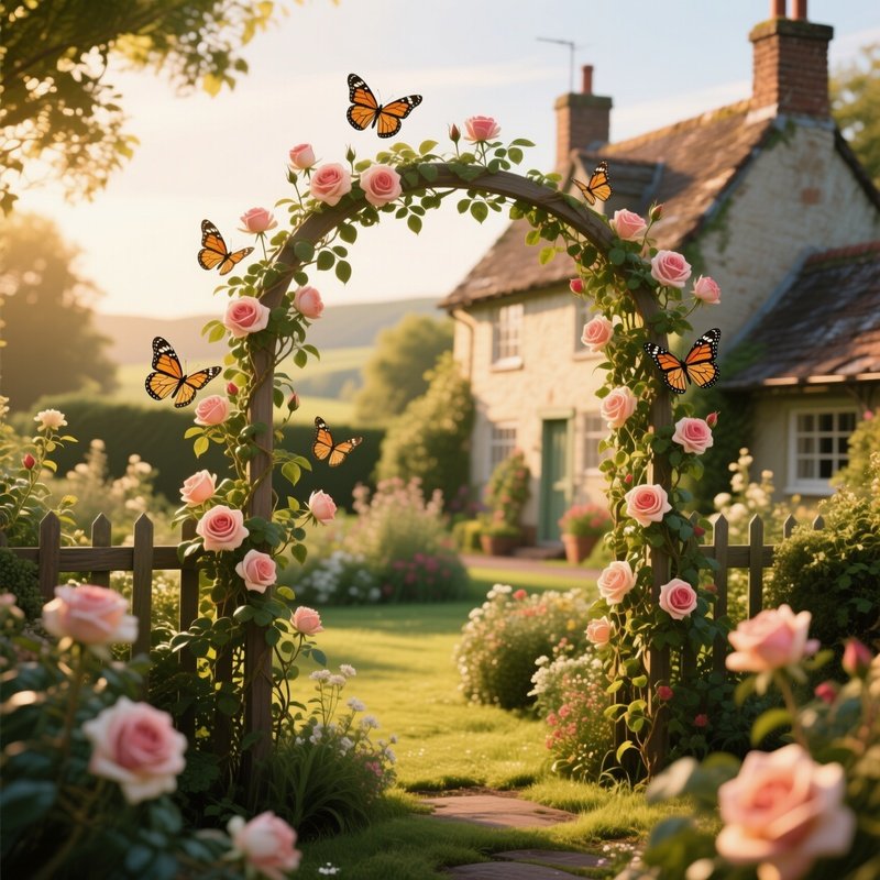 A Quiet Countryside Cottage Garden In Early Summer, Roses Climbing Trellises, Butterflies
