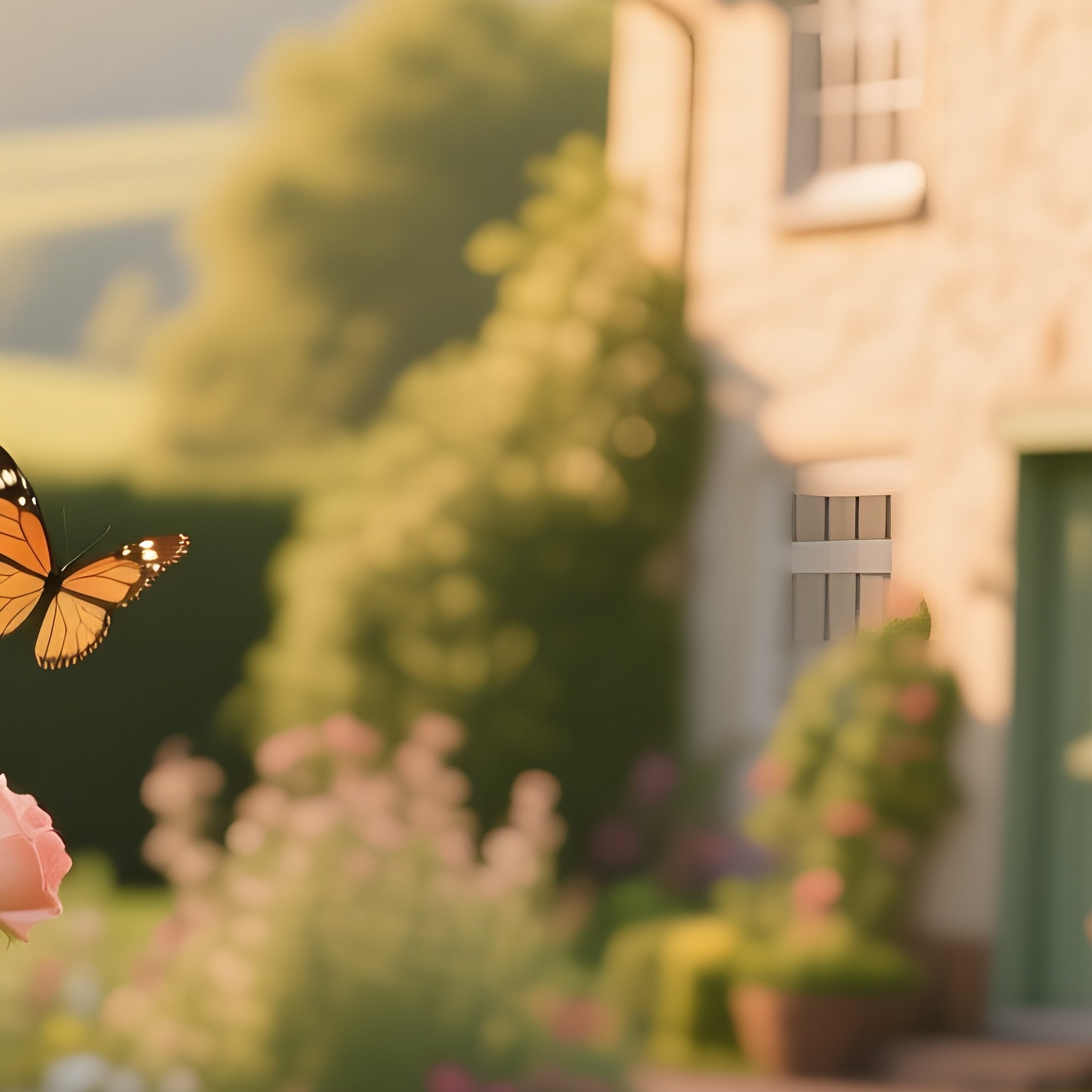 A Quiet Countryside Cottage Garden In Early Summer, Roses Climbing Trellises, Butterflies - Full Resolution Quality Preview