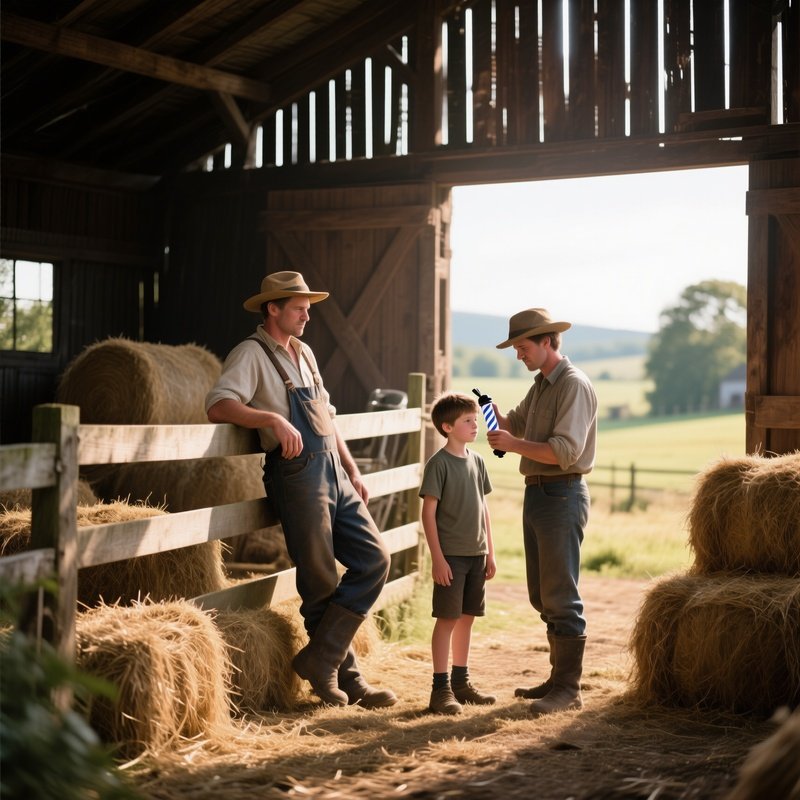 A Quiet Countryside Farm Barn With Hay Bales; A Farmer Leans Against A Fence Getting A Practical