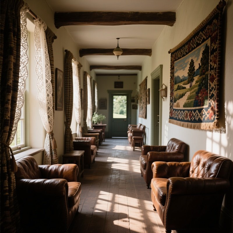 A Quiet Countryside Inn Hallway, Walls Lined With Leather Armchairs And Woven Wool Tapestries,