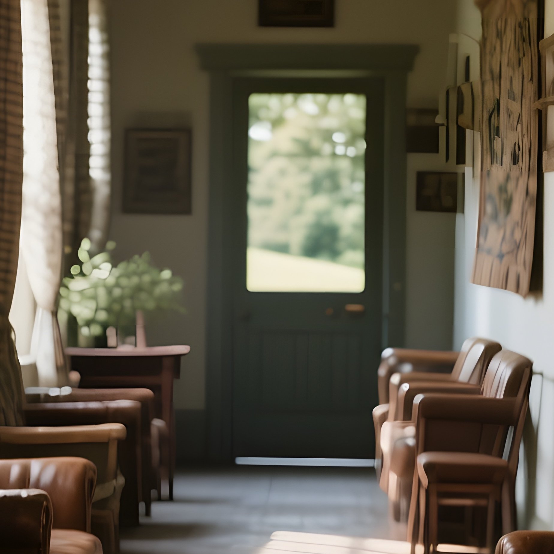A Quiet Countryside Inn Hallway, Walls Lined With Leather Armchairs And Woven Wool Tapestries, - Full Resolution Quality Preview