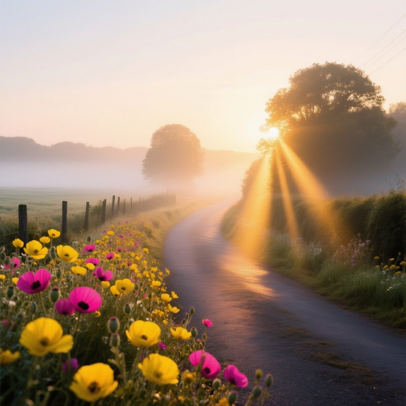 A Quiet Countryside Lane Lined With Pop‑Art Wildflowers In Bright Yellow And Magenta, Sunrise