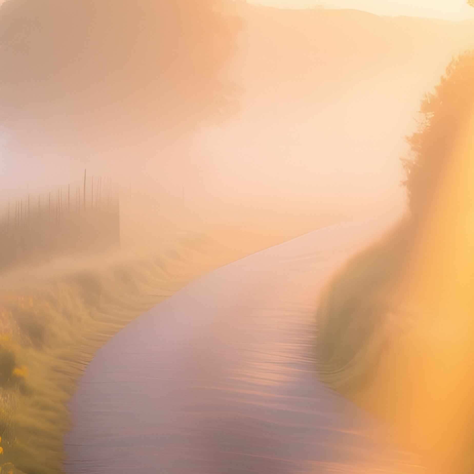 A Quiet Countryside Lane Lined With Pop‑Art Wildflowers In Bright Yellow And Magenta, Sunrise - Full Resolution Quality Preview