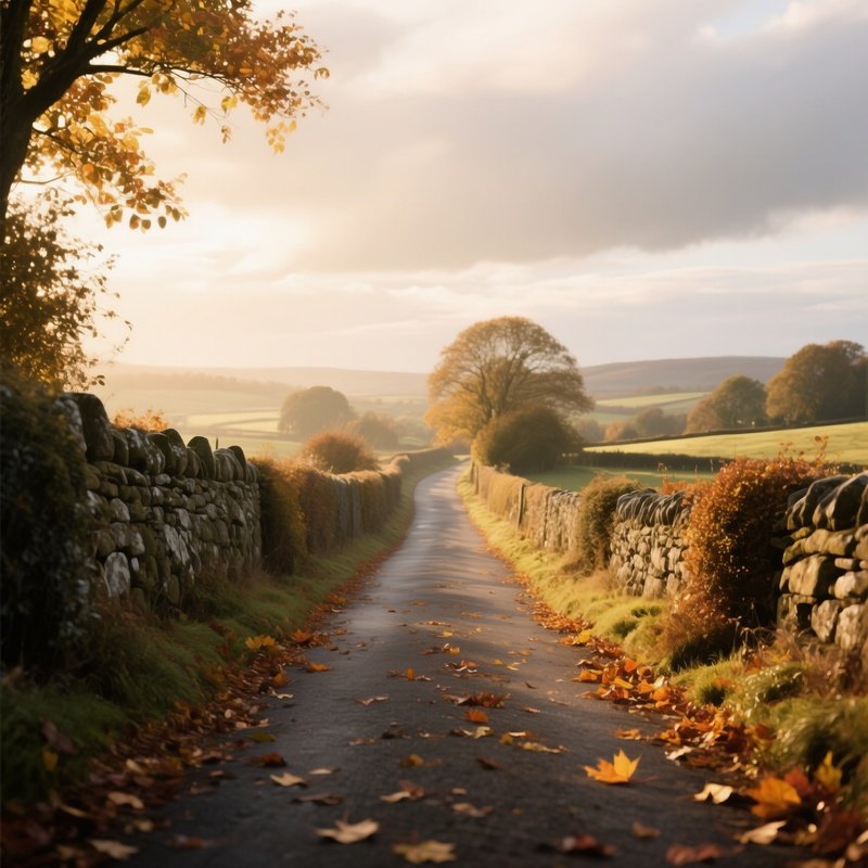 A Quiet Countryside Lane Lined With Stone Hedges, Autumn Leaves Scattered On The Ground, Soft