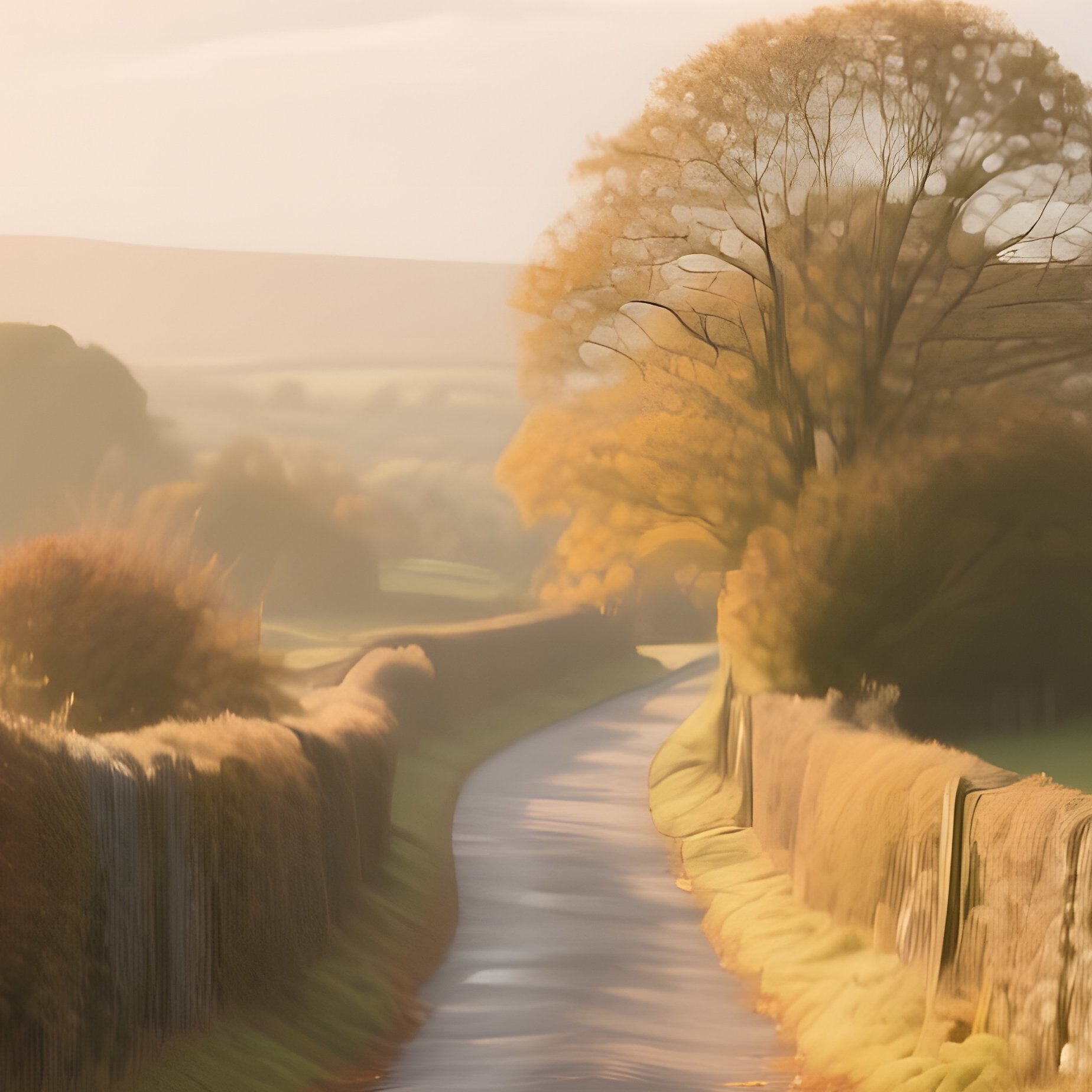 A Quiet Countryside Lane Lined With Stone Hedges, Autumn Leaves Scattered On The Ground, Soft - Full Resolution Quality Preview
