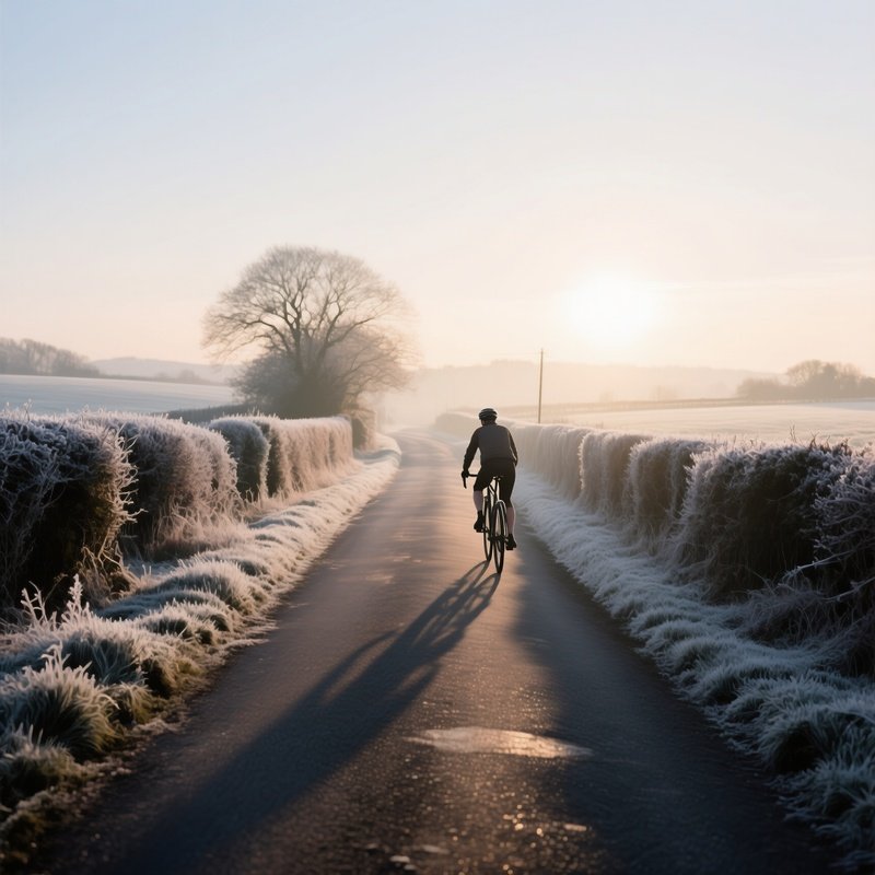 A Quiet Countryside Road In Early Winter, Hedgerows Dusted With Frost, Low Sun Casting Long