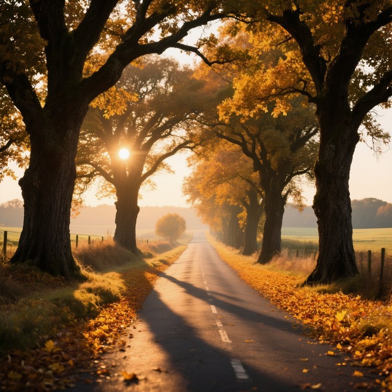 A Quiet Countryside Road Lined With Ancient Oak Trees In Autumn, Golden Leaves Carpet The Ground