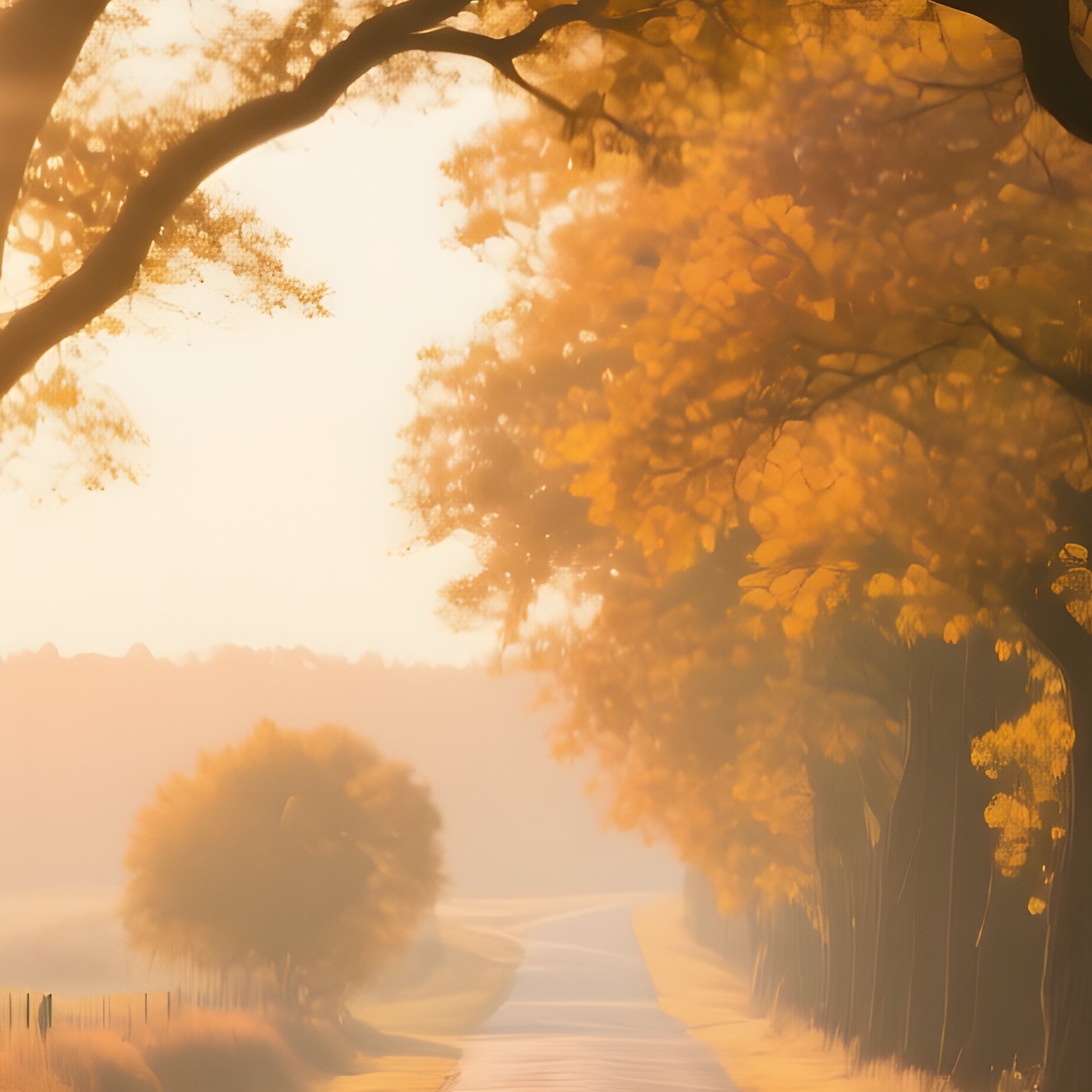A Quiet Countryside Road Lined With Ancient Oak Trees In Autumn, Golden Leaves Carpet The Ground - Full Resolution Quality Preview