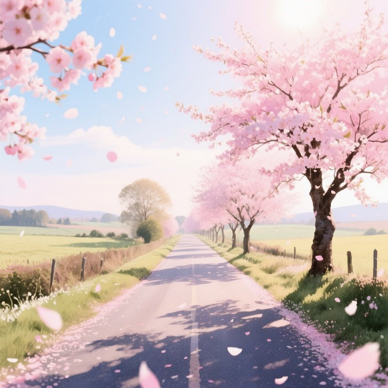 A Quiet Countryside Road Lined With Blooming Cherry Trees, Petals Falling Like Pink Snow,