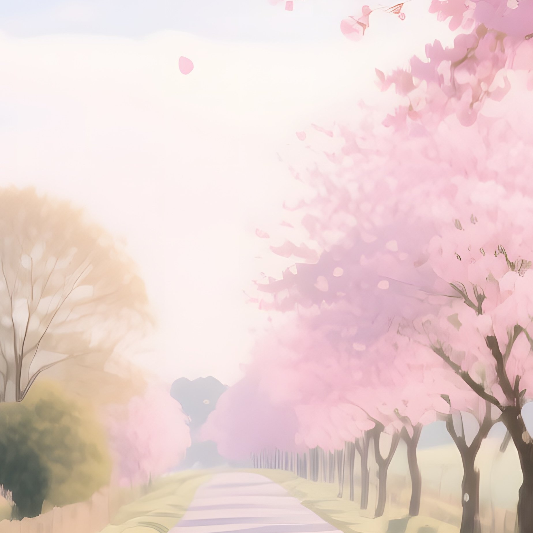 A Quiet Countryside Road Lined With Blooming Cherry Trees, Petals Falling Like Pink Snow, - Full Resolution Quality Preview
