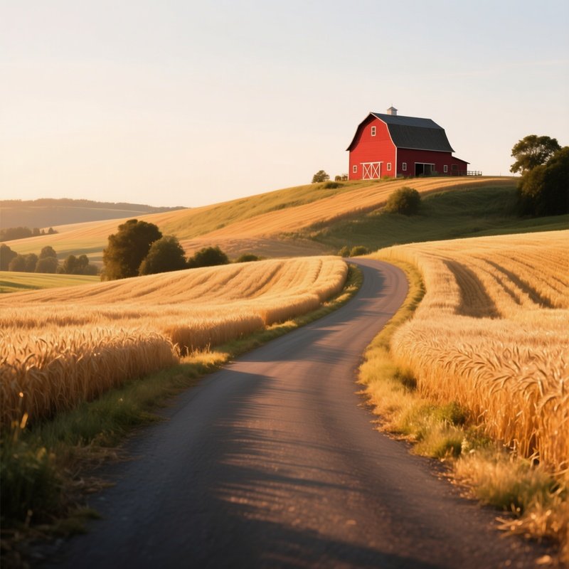 A Quiet Countryside Road Winding Through Golden Wheat Fields At Harvest Time, Late Afternoon Sun