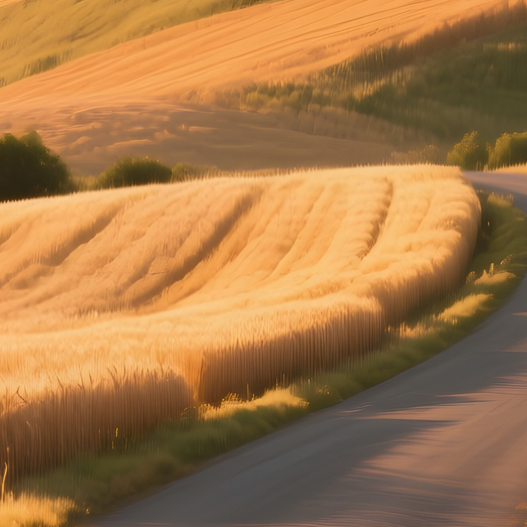 A Quiet Countryside Road Winding Through Golden Wheat Fields At Harvest Time, Late Afternoon Sun - Full Resolution Quality Preview