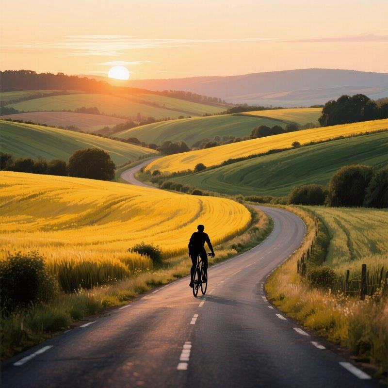 A Quiet Countryside Road Winding Through Rolling Hills, Fields Painted In Bold Strokes Of Mustard