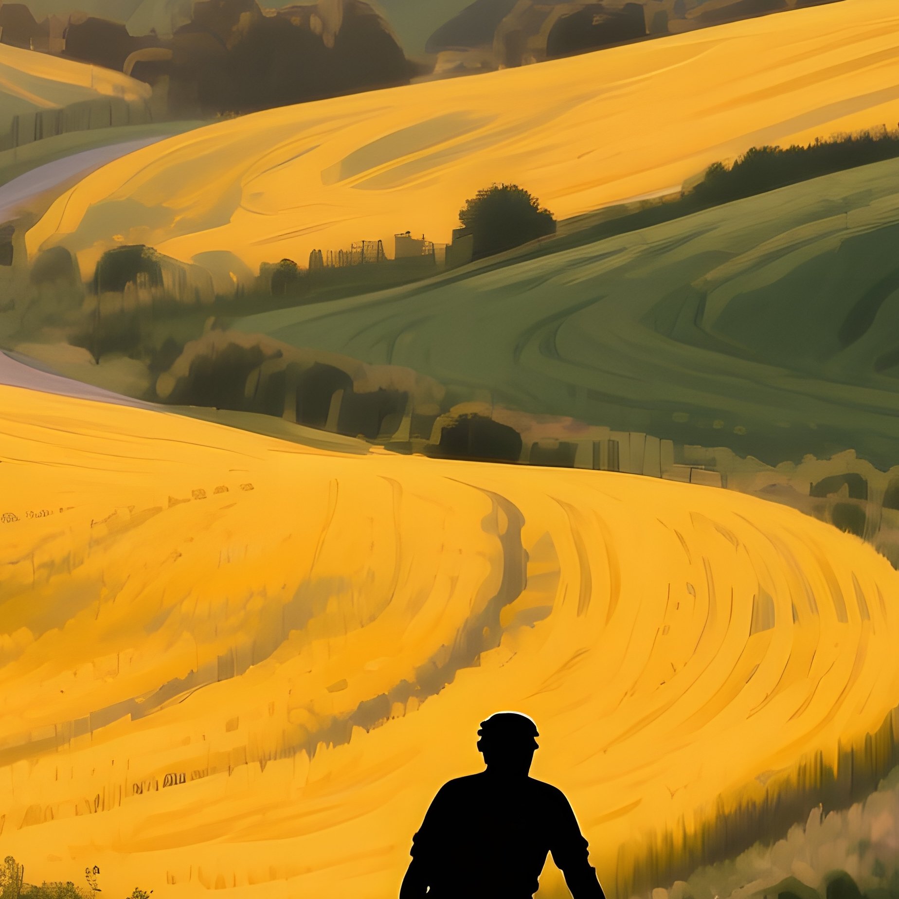 A Quiet Countryside Road Winding Through Rolling Hills, Fields Painted In Bold Strokes Of Mustard - Full Resolution Quality Preview