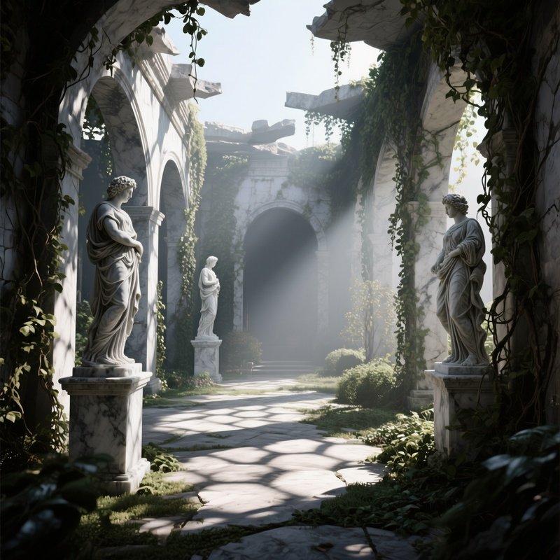 A Quiet Courtyard Garden With Overgrown Vines, Marble Statues Weathered To Gray, Sunlight Filtering