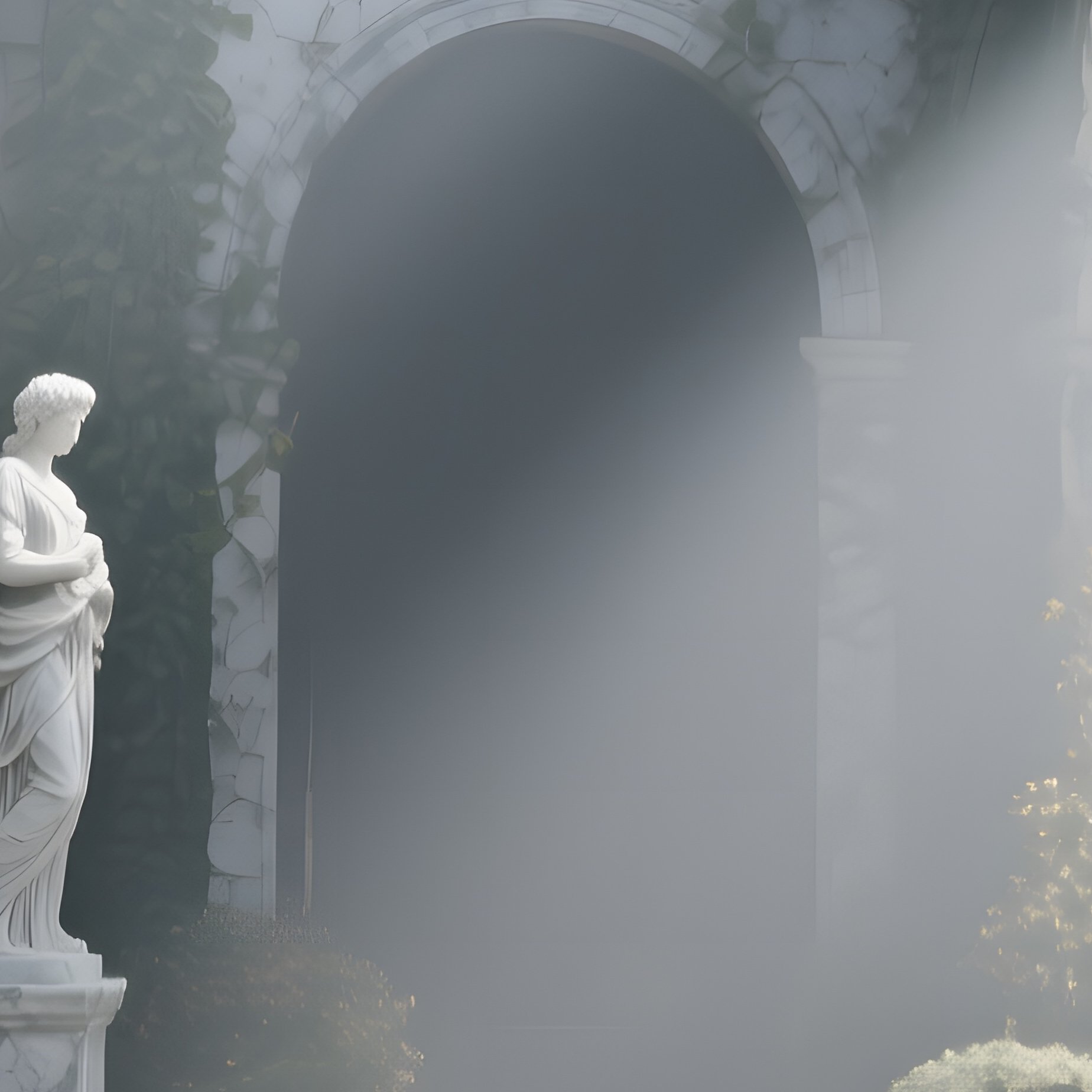 A Quiet Courtyard Garden With Overgrown Vines, Marble Statues Weathered To Gray, Sunlight Filtering - Full Resolution Quality Preview