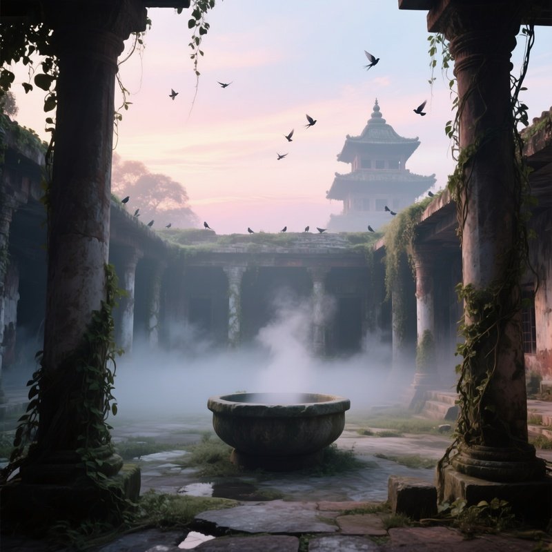 A Quiet Courtyard Of An Abandoned Temple At Dawn, Mist Rising From A Stone Basin, Columns Draped In