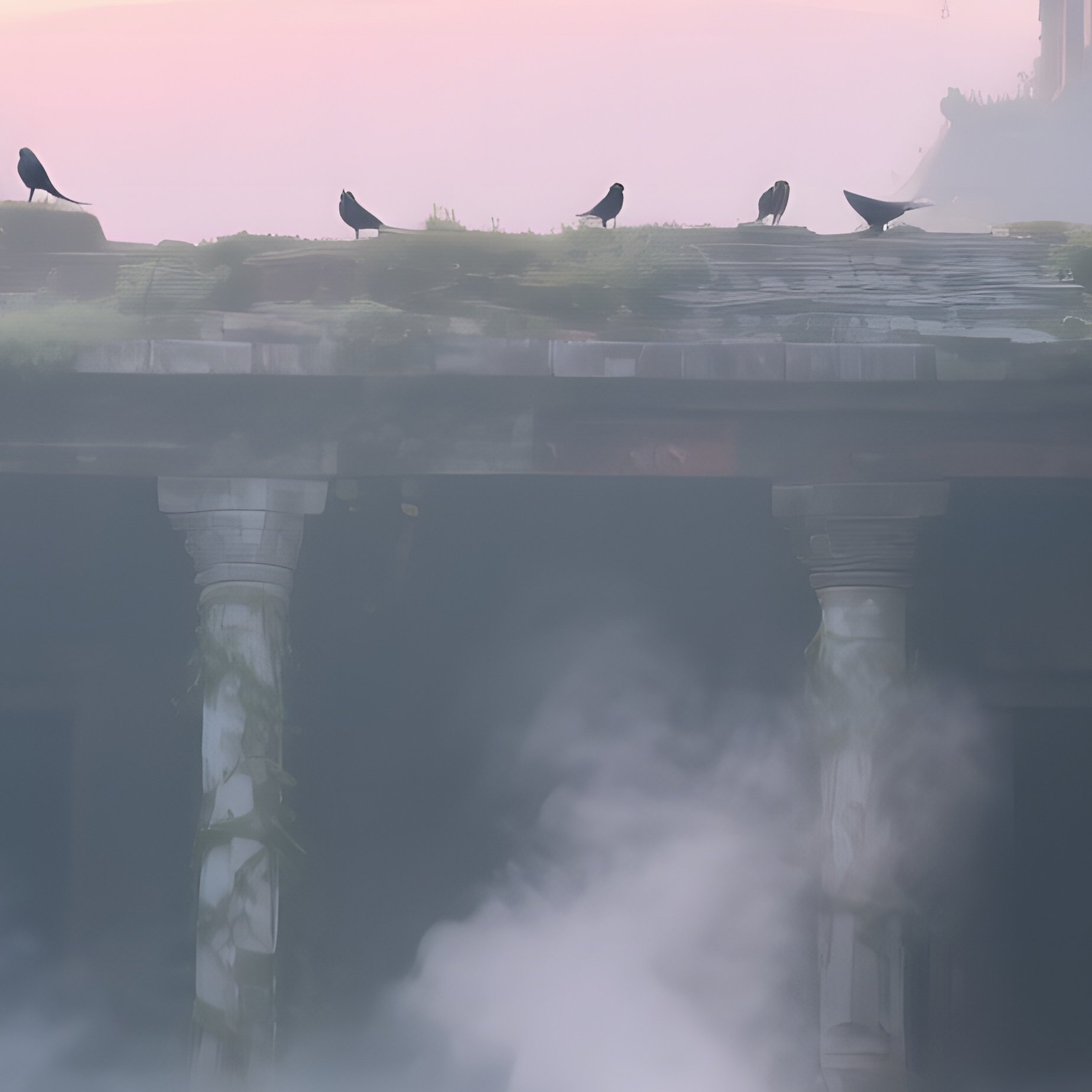 A Quiet Courtyard Of An Abandoned Temple At Dawn, Mist Rising From A Stone Basin, Columns Draped In - Full Resolution Quality Preview
