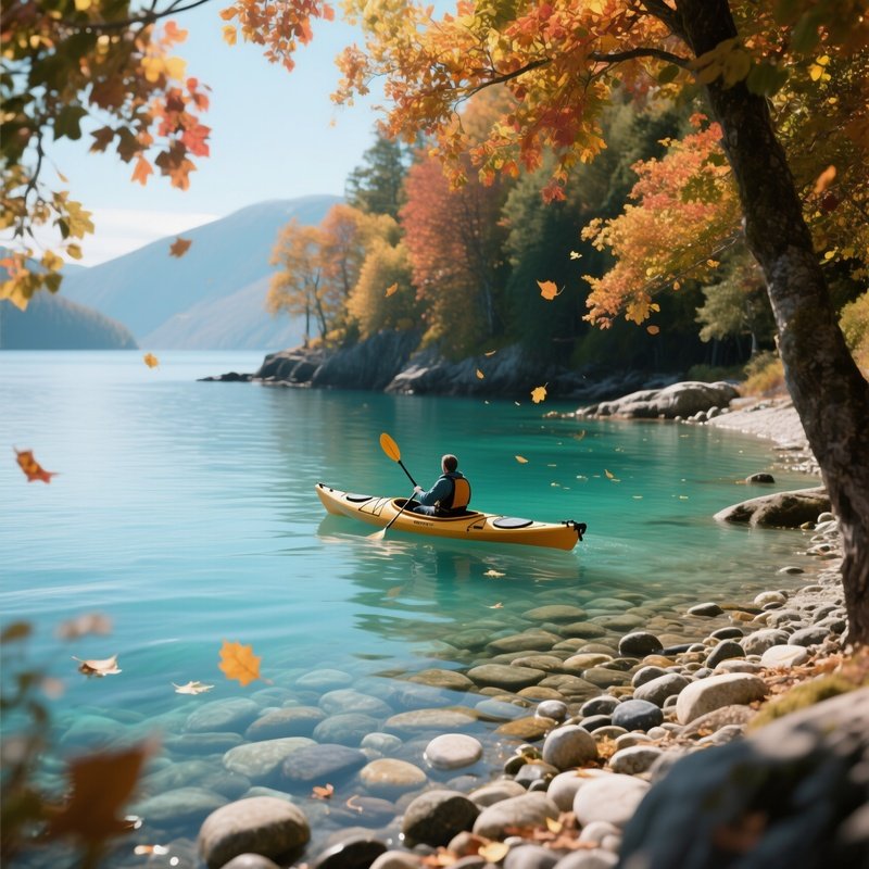 A Quiet Covе Bay With Turquoise Waters And Smooth Pebbles, A Lone Kayaker Paddling Under A Canopy