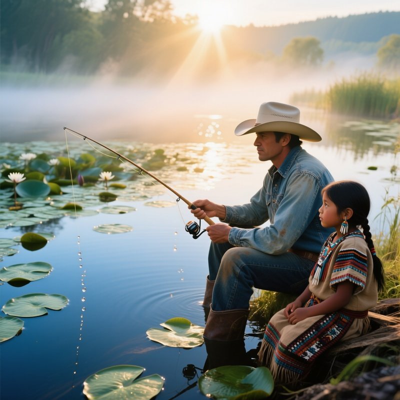 A Quiet Dawn By A Tranquil Pond With Lily Pads Mist Hovering A Cowboy Fishes With A Simple Line